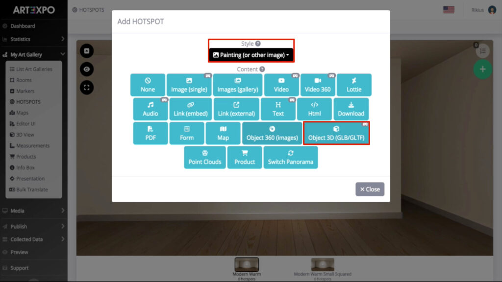 ART3XPO-2UserGuide-How-To-Art-Gallery-Quadro3D-SelezioneStyleContent
