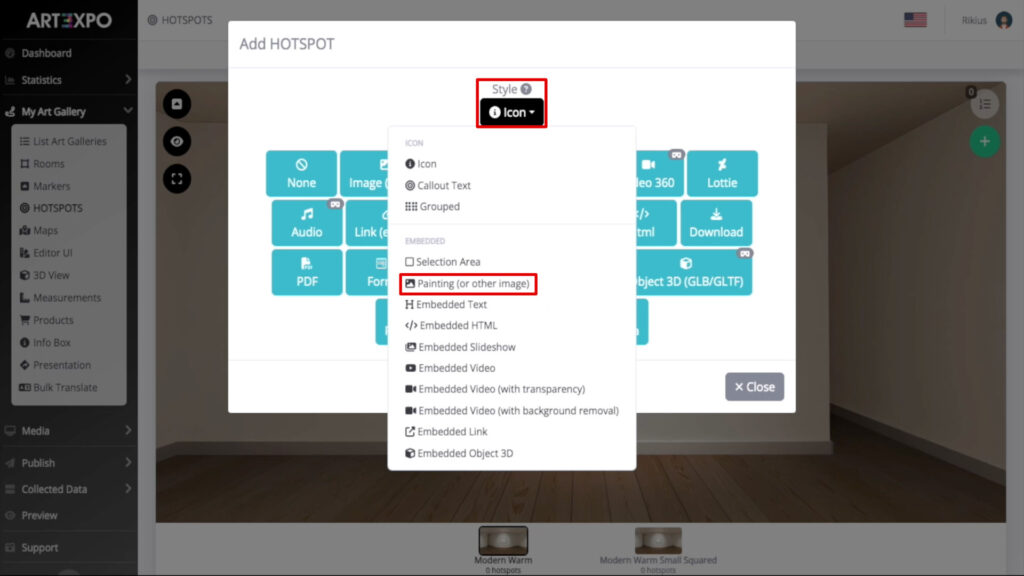 ART3XPO-2UserGuide-How-To-Art-Gallery-QuadroAvanzato-SelezioneHotspot