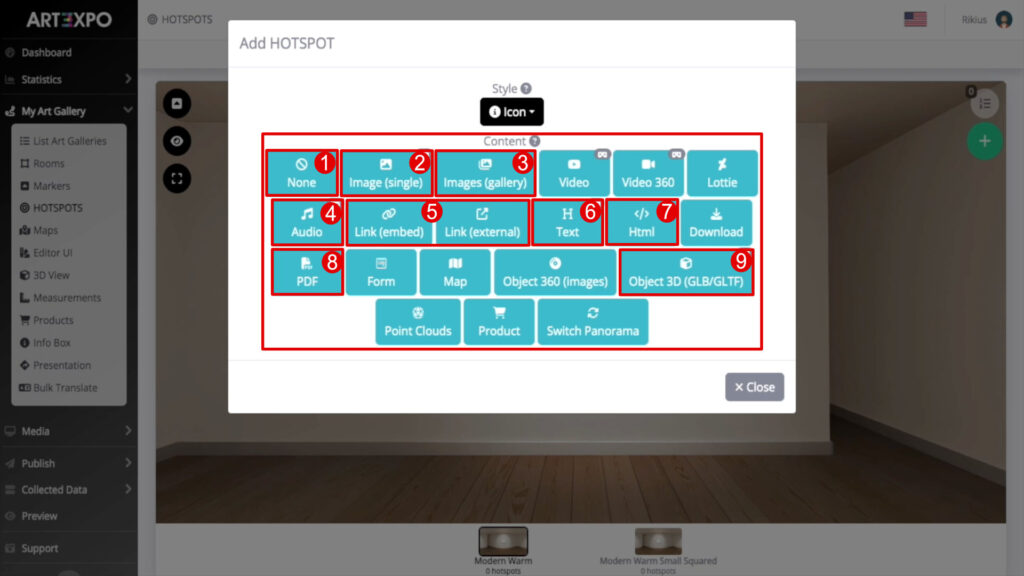 ART3XPO-3UserGuide-How-To-Art-Gallery-QuadroAvanzato-SelezioneHotspotContent